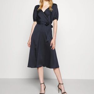 DKNY V NECK PUFF SLEEVE MIDI DRESS NAVY BLUE